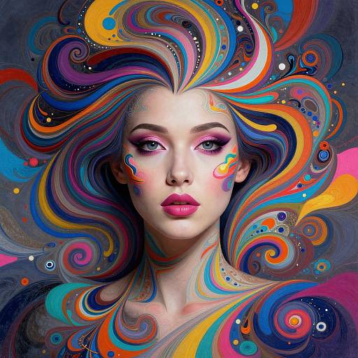 Digital artwork of a fair-skinned woman with vibrant, swirling, multicolored hair and makeup, set against a dark, abstract background.