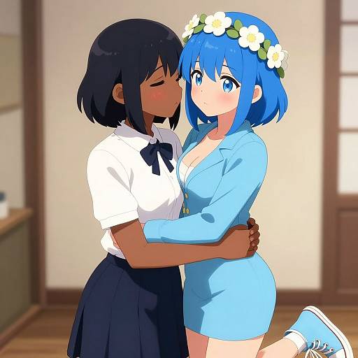 Digital anime-style drawing of two girls in a close embrace; one with dark skin and black hair, the other with blue hair and a flower crown,