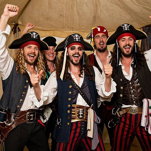 Photograph of five excited, bearded men in pirate costumes with tricorn hats, white shirts, vests, and red striped pants, raising fists inside
