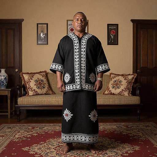 Photograph of a bald Black man wearing black traditional African attire with white patterns, standing in a warmly lit living room.