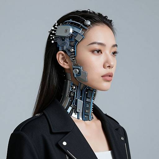 Photograph of an Asian woman with cybernetic headgear, black jacket, light blue background, and long black hair, displaying futuristic technology on her