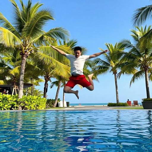 Photograph of a man in a white t-shirt and red shorts, mid-jump above a tropical pool, surrounded by palm trees and clear blue sky
