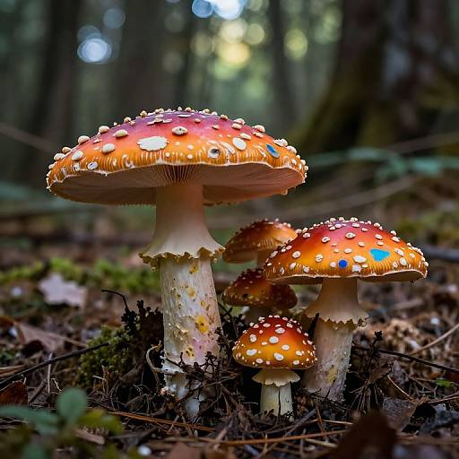 Photograph of vibrant orange-red mushrooms with white spots, surrounded by moss and forest floor in a dimly lit woodland.