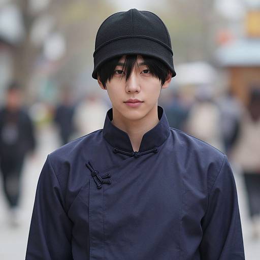 Photograph of an East Asian male with fair skin, black hair, and black cap, wearing a navy blue traditional Chinese qipao, standing in