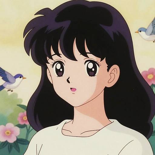 Anime-style digital drawing of a young girl with black hair, large eyes, wearing a white shirt, surrounded by birds and flowers.