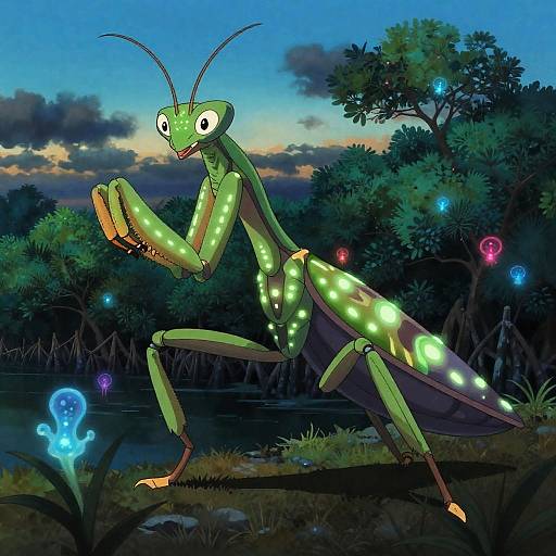 Colossal Bioluminescent Praying Mantis Shaman in Mangrove Swamp