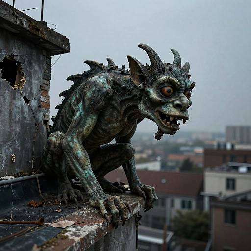 Photograph of a detailed, green, grotesque gargoyle with horns, crouching on a weathered rooftop, overlooking a foggy urban