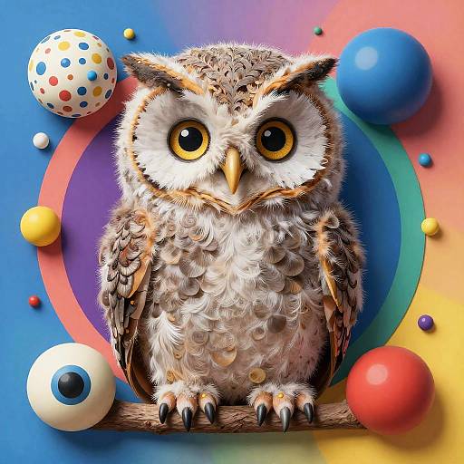 Digital illustration of a fluffy, detailed owl with large, expressive yellow eyes, perched on a branch surrounded by colorful polka-dotted balls and circles