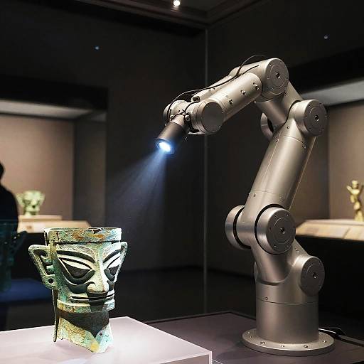 Photograph of a modern robotic arm with a blue spotlight illuminating an ancient, green, mask-like artifact in a dark museum exhibit.