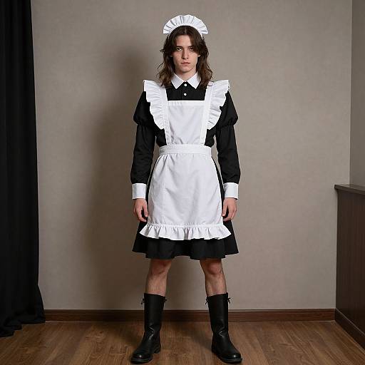 Photograph of a person with long brown hair, wearing a black and white maid outfit, black boots, and a white headband, standing against a