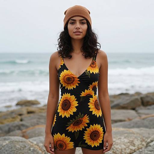 Photograph of a woman with dark wavy hair, wearing a tan beanie and black sunflower dress, standing on a rocky beach with ocean waves
