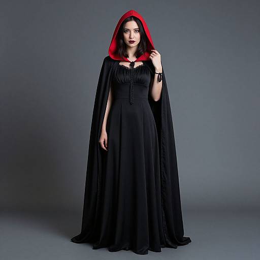 Photograph of a pale-skinned woman with red lipstick, wearing a black, floor-length gown and hooded cloak with a vivid red hood, standing