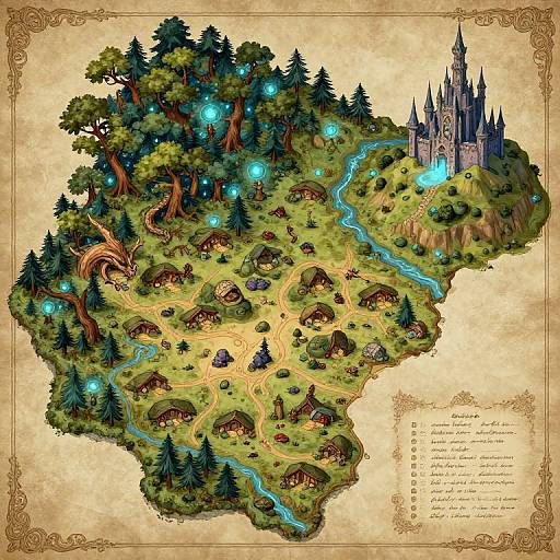 Fantasy map illustration of a lush, enchanted island with glowing blue lights, fairy-tale houses, winding rivers, and a majestic castle. Detailed,