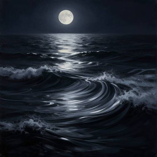 Digital artwork of a dark blue ocean with swirling waves under a bright full moon, reflecting light on the water's surface.