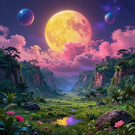 Vibrant digital artwork of a lush, rain-soaked valley with a giant yellow moon, pink clouds, and three glowing planets, surrounded by dense