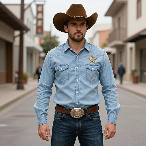Photograph of a bearded man in a brown cowboy hat, light blue denim shirt, and dark jeans, standing on a narrow, blurred street,
