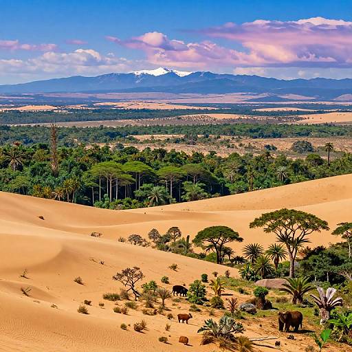 Vibrant photograph of golden sand dunes with sparse trees, grazing antelopes, and distant snow-capped mountains under a blue sky with pink