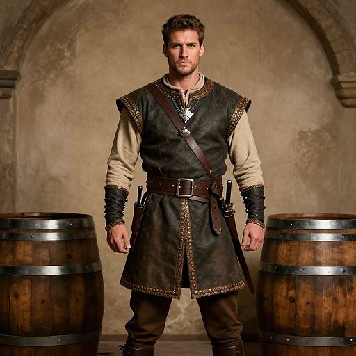 Photograph of a muscular, bearded man in medieval armor with brown leather vest, beige shirt, standing between wooden barrels, stone arch background.