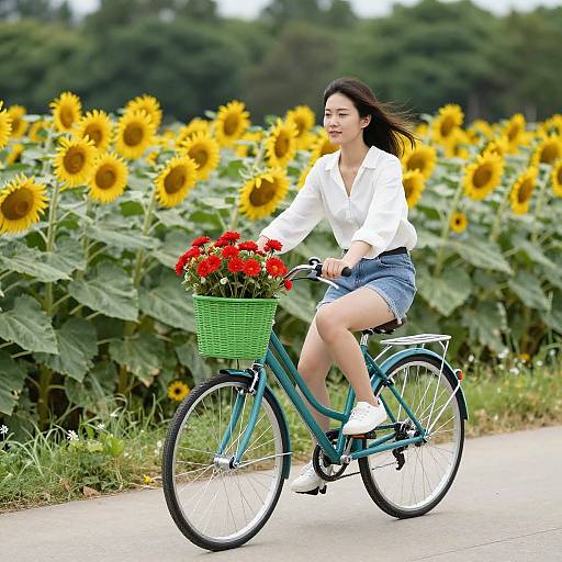 Asian woman with long black hair, white blouse, denim shorts, and white sneakers rides green bicycle with red flowers in green basket through sunflower field.