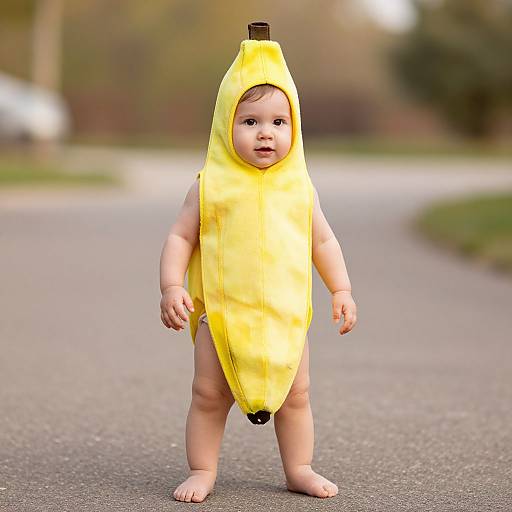 Photograph of a baby standing on a paved path wearing a yellow banana costume with a brown cap, looking curious. Background features blurred greenery and a