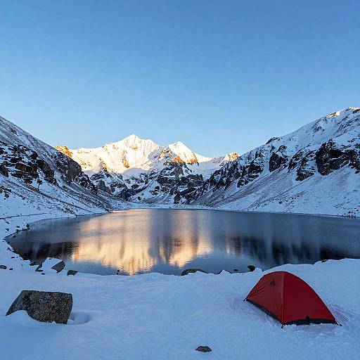 Red Tent by Snowy Mountain Lake at Sunrise