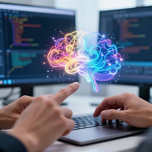 Photograph of hands typing on laptop, with vibrant, colorful, swirling digital lines above, set against blurred computer screens.