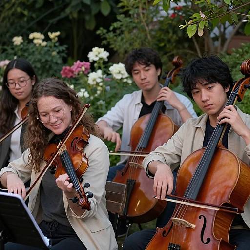 Photograph of four Asian musicians playing violins outdoors, surrounded by lush greenery and blooming flowers, wearing casual and semi-formal attire.