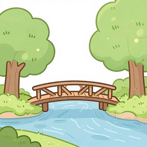 Colorful digital cartoon of a wooden bridge over a flowing blue river, flanked by two green trees and bushes.