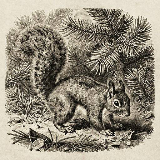 Monochrome Mezzotint Pine Squirrel Engraving