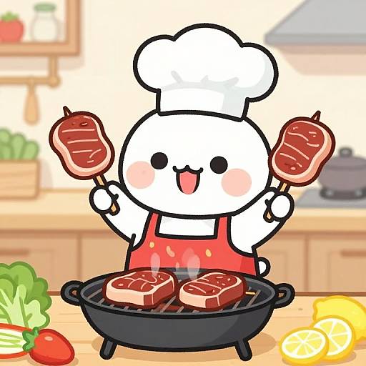 Joyful Cartoon Chef Grilling Steaks