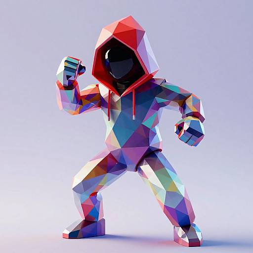 Geometric, digital illustration of a hooded, faceless figure in a dynamic, fighting stance, with colorful, faceted armor and a red hood