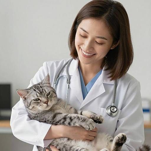 Cheerful Veterinarian with Relaxed Cat