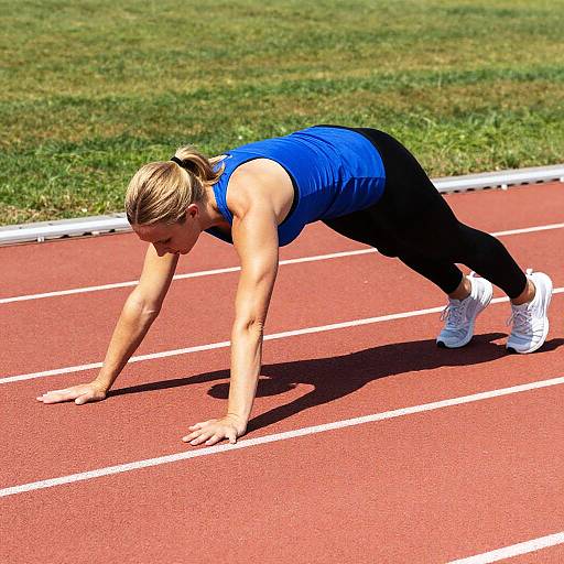Photograph of a blonde woman in a blue sleeveless top and black leggings, performing a push-up on a red running track with white lines and green