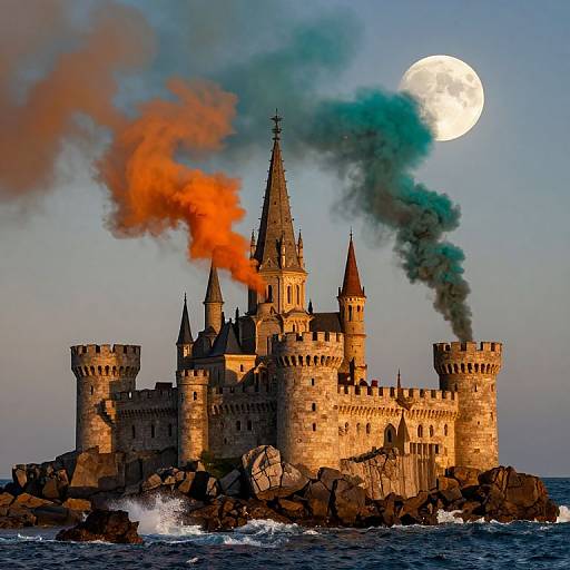 Photograph of a medieval stone castle with orange and black smoke, under a full moon, surrounded by rocky waters at sunset.
