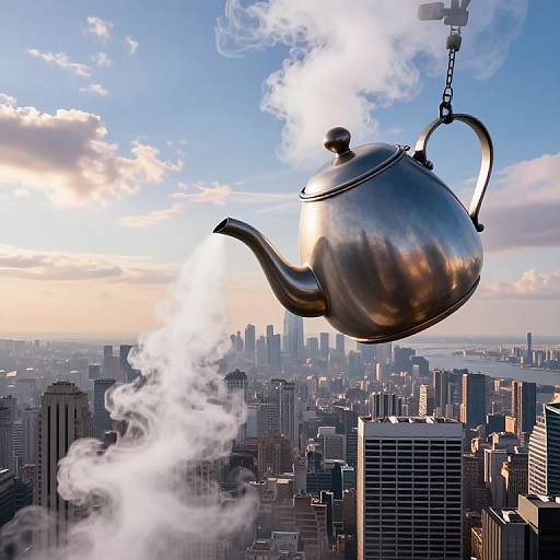 Photorealistic CGI: A shiny, metallic teapot with a spout and handle, suspended by a chain, emits steam above a bustling city skyline