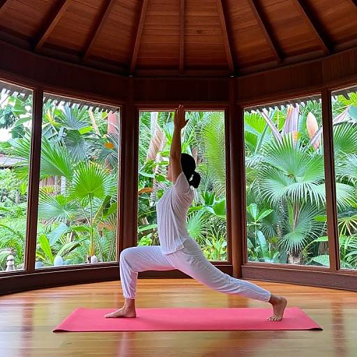 Photograph of a woman in white yoga attire, performing a side lunge on a red mat, within a wooden room with lush green foliage visible through