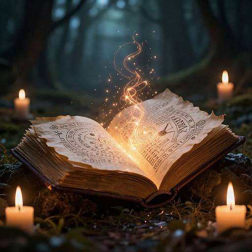 Photograph of an ancient, open book with mystical symbols, glowing with fire, surrounded by candles in a dark, enchanted forest.