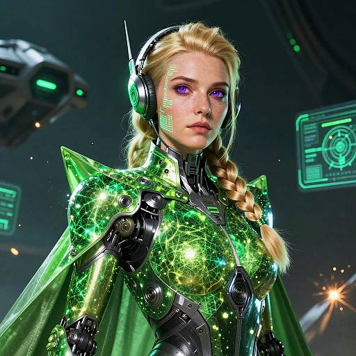 CGI image of a blonde woman with purple eyes, wearing neon green and black futuristic armor with glowing patterns, in a high-tech sci-fi setting.
