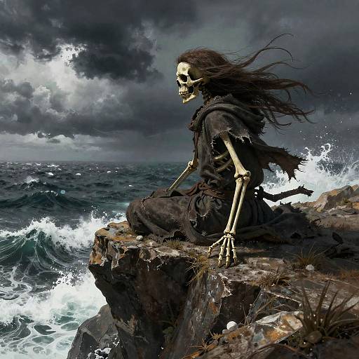 Skeleton on Cliff Overlooking Stormy Sea