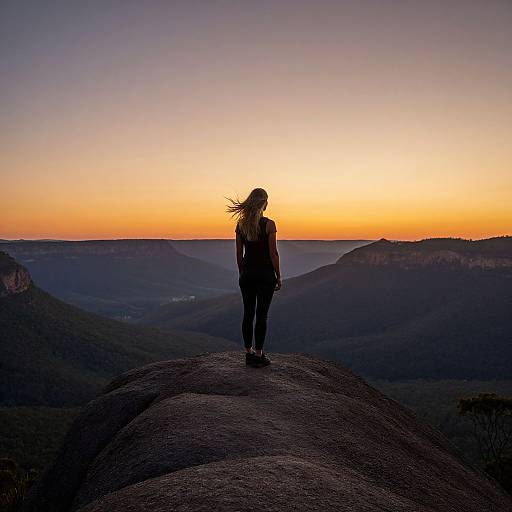 Photograph of a lone woman with long hair, silhouetted against a vibrant sunset, standing on a rocky mountain peak, overlooking expansive, shadow