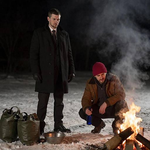 Nighttime Portrait of Two Men in Snow