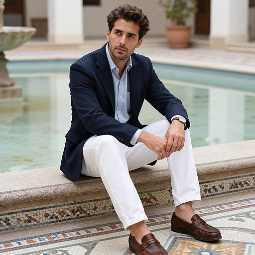 Photograph of a handsome, dark-haired man in a navy blazer, white shirt, and pants, sitting by a tiled pool, wearing brown loaf