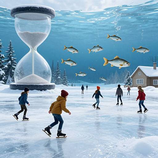 Photograph-style digital art: Children ice skating on frozen lake with giant hourglass, fish in sky, snowy trees, and house in background.