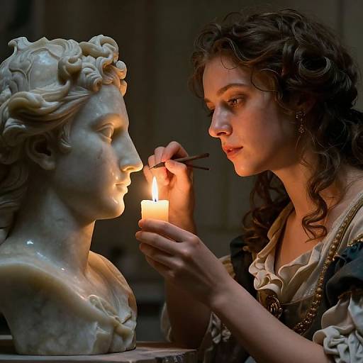 Photograph of a young woman with curly brown hair, dressed in vintage attire, gently holding a lit candle to a classical marble bust, illuminating its