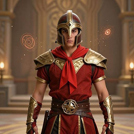 Digital CGI of a muscular man in ancient Roman-style armor, red tunic, and helmet, standing in a grand, warmly lit hall.