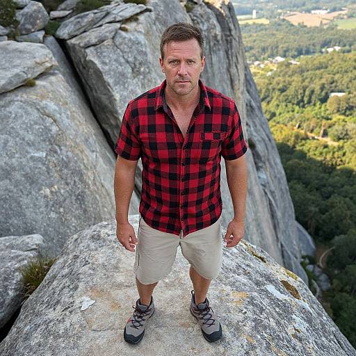 Photograph of a middle-aged, muscular man with short brown hair, wearing a red plaid shirt, beige shorts, and gray hiking shoes, standing