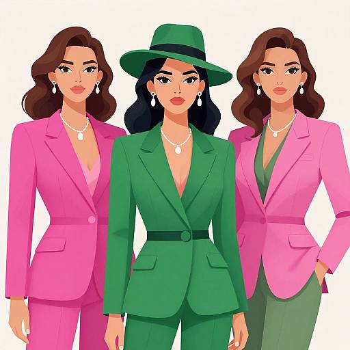 Digital illustration of three stylish women in suits; two in pink, one in green, all with wavy brown hair, wearing jewelry.