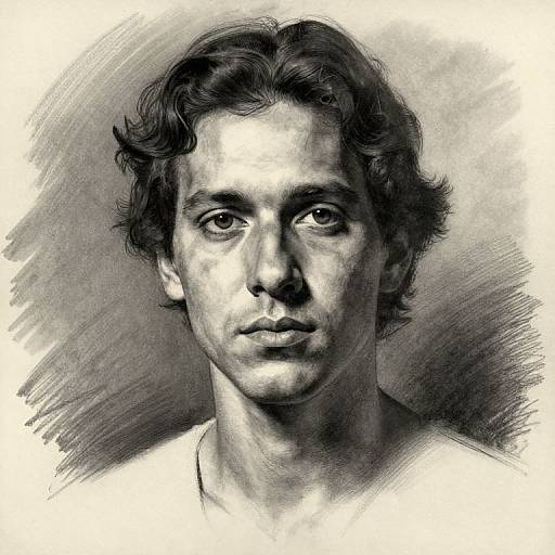 Monochrome pencil sketch of a young man with wavy hair, intense gaze, and shadowed facial features, centered against a textured background.