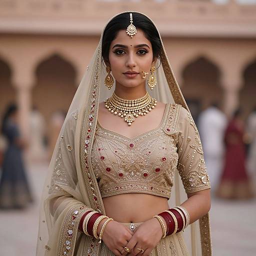 Photograph of a beautiful South Asian bride in traditional beige and gold embroidered lehenga with veil, ornate jewelry, and intricate blouse, standing in a