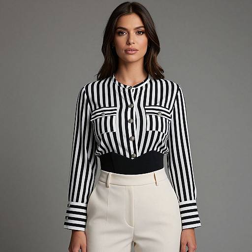 Photograph of a woman with dark hair, wearing a black-and-white striped blouse, black waistband, and white high-waisted pants, against